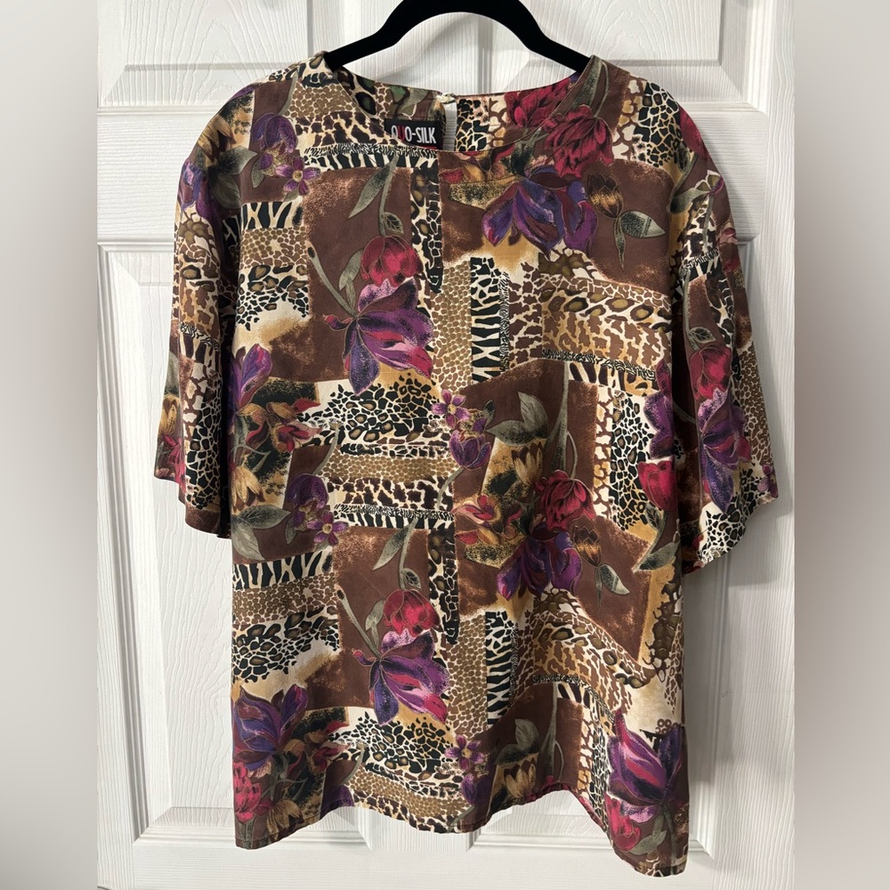 VTG Quo-Silk Size XL ANIMAL PRINTS FLORAL Short Sleeve Blouse Top Brown Black